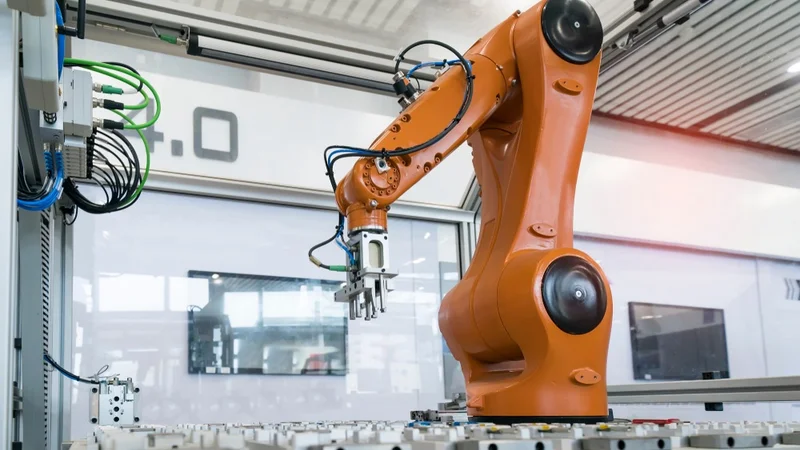 A pick and place robot in an industrial setup