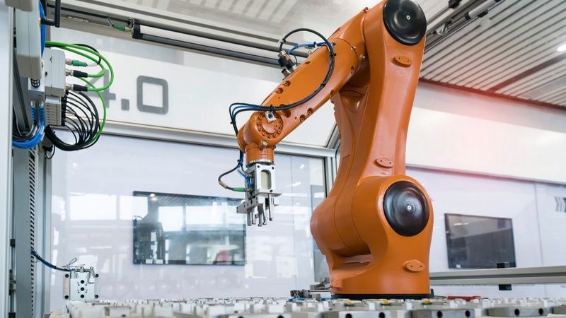 A pick and place robot in an industrial setup