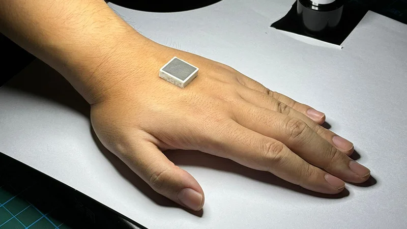 A customized patch developed by WITEC, shown here in prototype, is made with ultrasonic transducers that adhere to the human body using bioadhesive gel soft materials. Photo courtesy of SMART WITEC