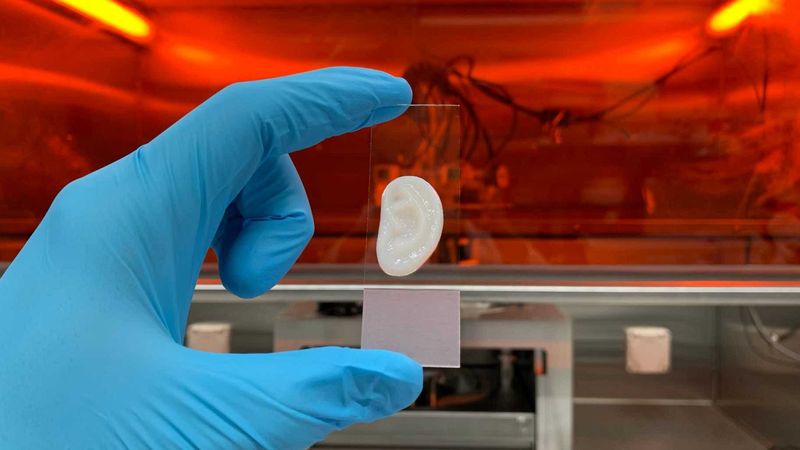 An artificial ear made in a 3D printer from human ear cartilage cells and bioink. (Image: Philipp Fisch / ETH Zurich)