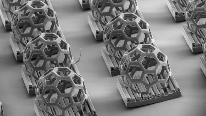 The 3D-printed DeSimone Lab logo, featuring a Buckyball geometry, demonstrates the r2rCLIP system’s ability to produce complex, non-moldable shapes with micron-scale features. | Image courtesy of DeSimone Research Group, SEM courtesy of Stanford Nano Shared Facilities