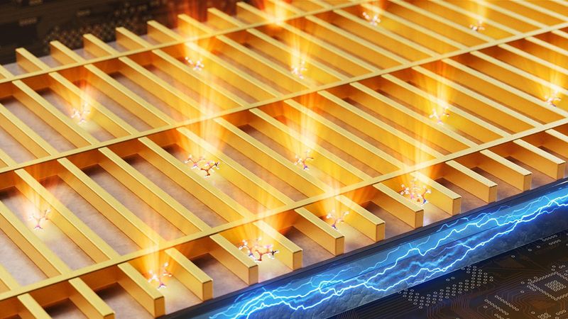 A metasurface of gold nanowires drives quantum light emission and concentrates the resulting light waves to detect biomolecules. 2025 Ella Maru Studio/BIOS EPFL CC BY SA 4.0