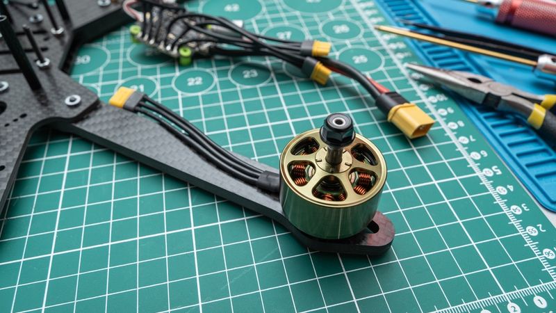 Disassembled Sport FPV Drone Bodies, alongside Engines and Electronic Speed Controllers