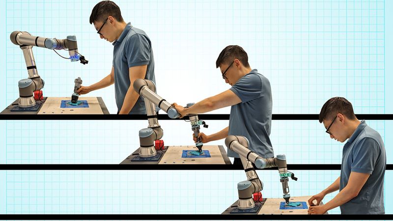 A new handheld interface developed by MIT engineers enables a person to teach a robot new skills, using any of three training approaches: natural teaching (top left), kinesthetic training (middle), and teleoperation. Credit: Courtesy of the researchers
