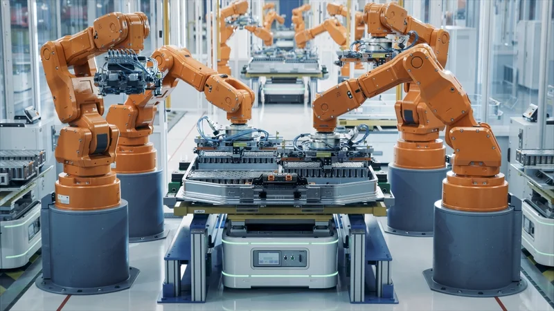 Industrial Robot Arms Assemble EV Battery Pack on Automated Production Line