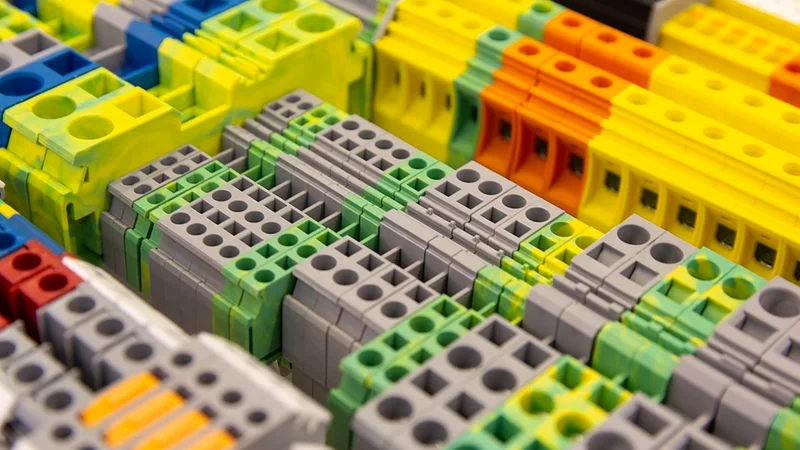 Different types of DIN rail terminal blocks used for electrical connections and control-panel wiring.