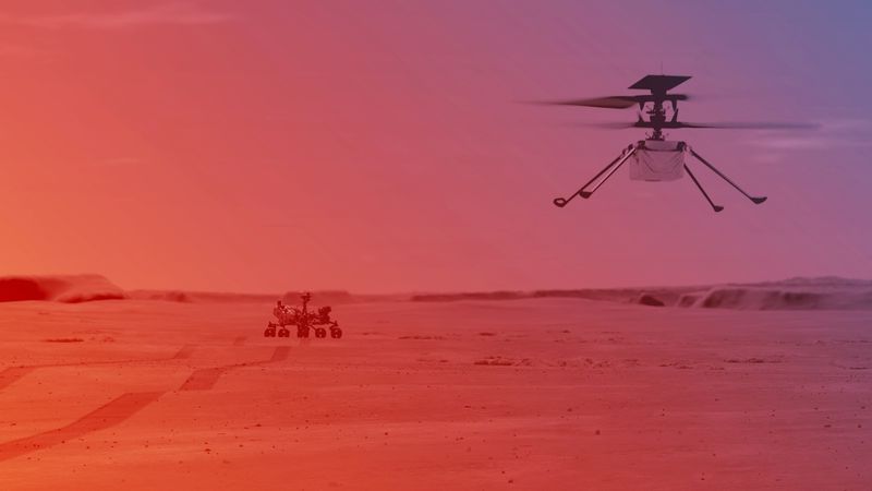 This image is an illustration of NASA's Ingenuity Helicopter flying on Mars. Credit: NASA/JPL-Caltech