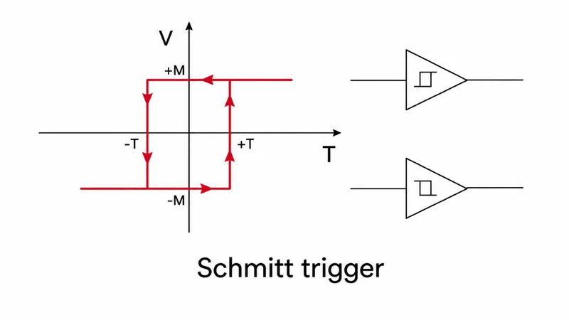 Schmitt trigger with positive feedback and hysteresis.
