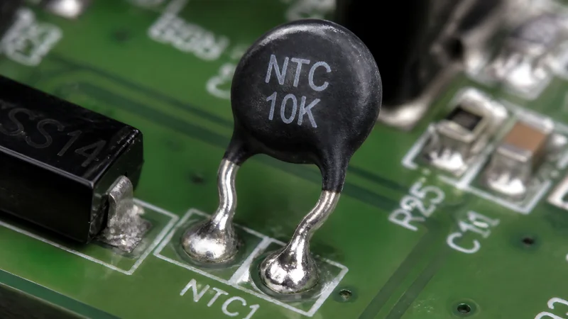 NTC Thermistor Soldered onto a Green Printed Circuit Board