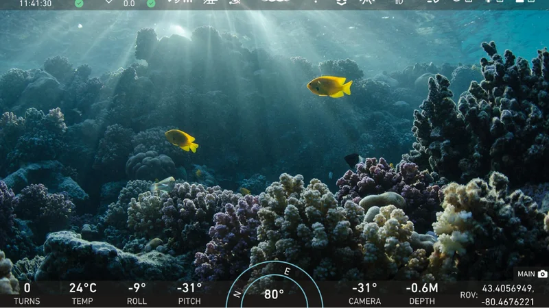 Image showing the screen of a Deep Trekker underwater ROV controller. The camera is looking at coral with fish in the background. 