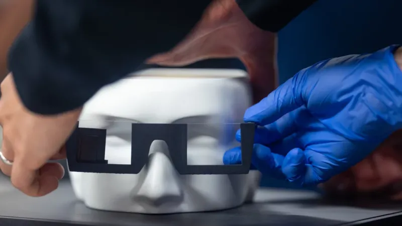 Prototype of the compact augmented reality glasses. Through holography and AI, these glasses can display full-color, 3D moving images over an otherwise direct view of the real world. | Image courtesy of Andrew Brodhead