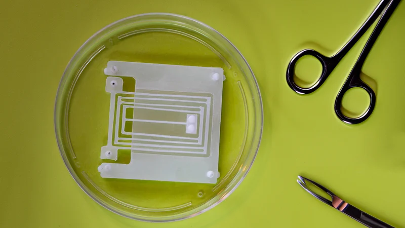 MIT engineers have developed a new spring (shown in Petri dish) that maximizes the work of natural muscles. When living muscle tissue is attached to posts at the corners of the device, the muscle’s contractions pull on the spring, forming an effective, natural actuator. The spring can serve as a “skeleton” for future muscle-powered robots. Image: Felice Frankel