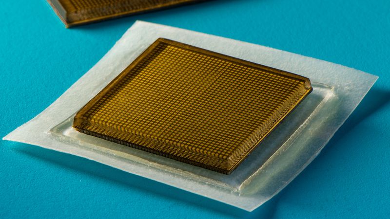 MIT engineers designed an adhesive patch that produces ultrasound images of the body. The stamp-sized device sticks to skin and can provide continuous ultrasound imaging of internal organs for 48 hours. Image: Felice Frankel