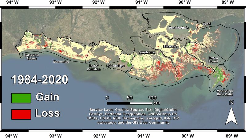The researchers mapped land change in coastal Louisiana from 1984 to 2020. Basins that failed to build new soil, such as Terrebonne and Barataria, experienced the most land loss – more than 180 square miles (466 square kilometers). Credit: Jensen et al. Journal of Geophysical Research: Biogeosciences