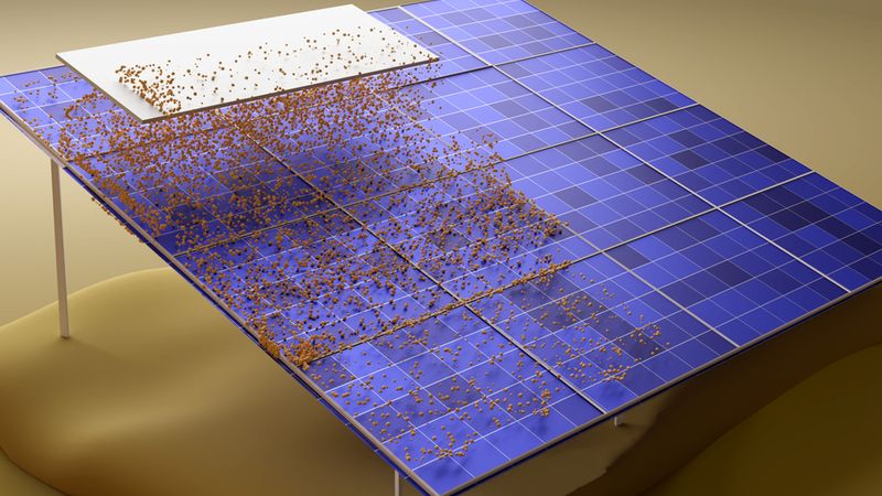 Dust that accumulates on solar panels is a major problem, but washing the panels uses huge amounts of water. MIT engineers have now developed a waterless cleaning method to remove dust on solar installations in water-limited regions, improving overall efficiency. Image: Courtesy of the researchers
