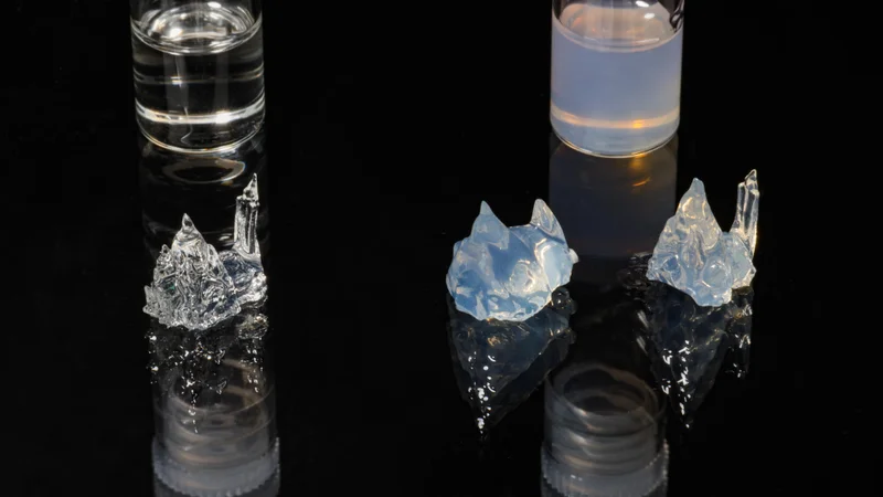 Three 3D-printed objects: one made from transparent resin (left); one from opaque resin, without correction (middle); and one from opaque resin, with correction (right).© Alain Herzog 2022 EPFL
