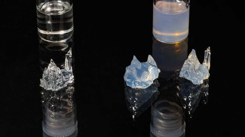 Three 3D-printed objects: one made from transparent resin (left); one from opaque resin, without correction (middle); and one from opaque resin, with correction (right).© Alain Herzog 2022 EPFL