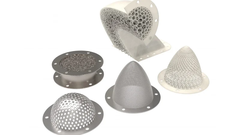 A range of filter designs rendered as different additively manufactured metals and ceramics.