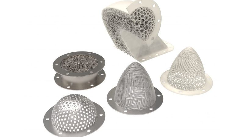 A range of filter designs rendered as different additively manufactured metals and ceramics.