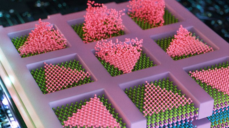 MIT engineers have developed a method to seamlessly stack electronic layers to create faster, denser, more powerful computer chips. The team deposits semiconducting particles (in pink) as triangles within confined squares, to create high-quality electronic elements, directly atop other semiconducting layers (shown in layers of purple, blue, and green). Credit: Cube 3D Graphic