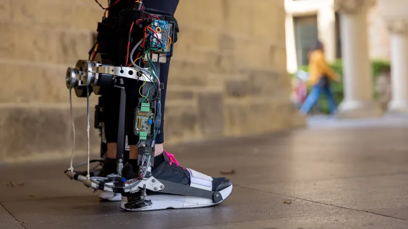 A close-up of the untethered exoskeleton, which monitors movement using inexpensive sensors. (Image credit: Kurt Hickman)