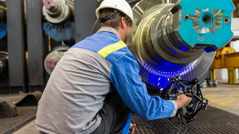 Engineer scanning a massive part with the Creaform MetraSCAN BLACK+