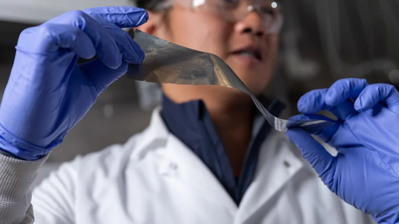 Graduate student researcher Yuhgene Liu holds an aluminum material for solid-state batteries.