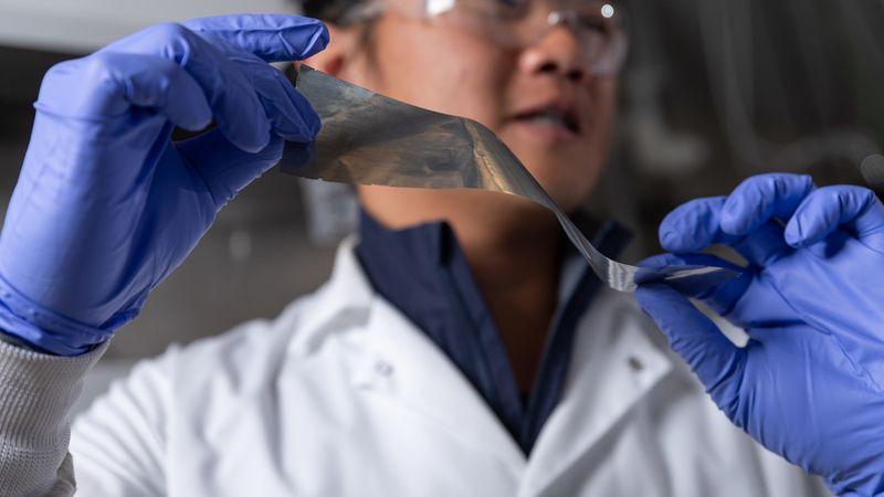 Graduate student researcher Yuhgene Liu holds an aluminum material for solid-state batteries.