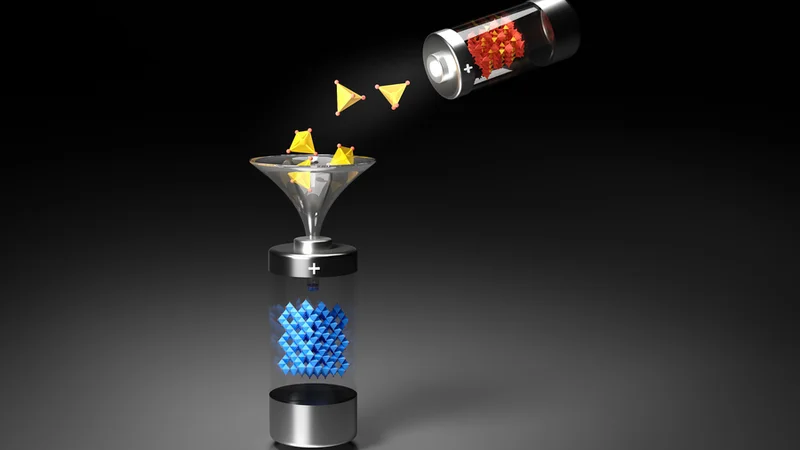 An artistic illustration of the integration between two distinct battery cathode structures, rock salt (blue polyhedra) and polyanion olivine (red/yellow polyhedra). A novel hybrid structure is obtained by integrating polyanions (yellow polyhedra) into a rock salt (blue polyhedra) structure. Photo: Yimeng Huang/Department of Nuclear Science and Engineering