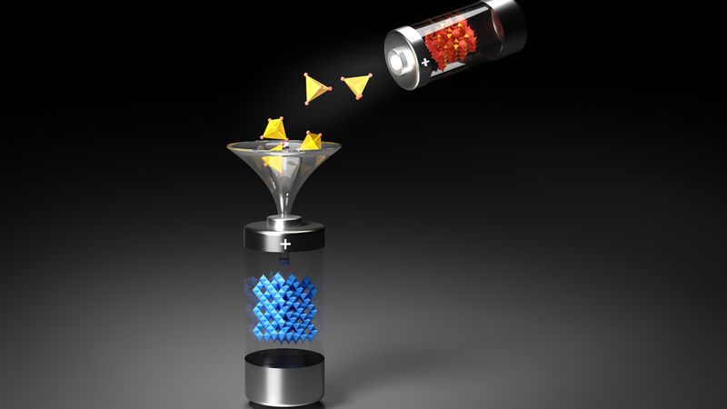An artistic illustration of the integration between two distinct battery cathode structures, rock salt (blue polyhedra) and polyanion olivine (red/yellow polyhedra). A novel hybrid structure is obtained by integrating polyanions (yellow polyhedra) into a rock salt (blue polyhedra) structure. Photo: Yimeng Huang/Department of Nuclear Science and Engineering