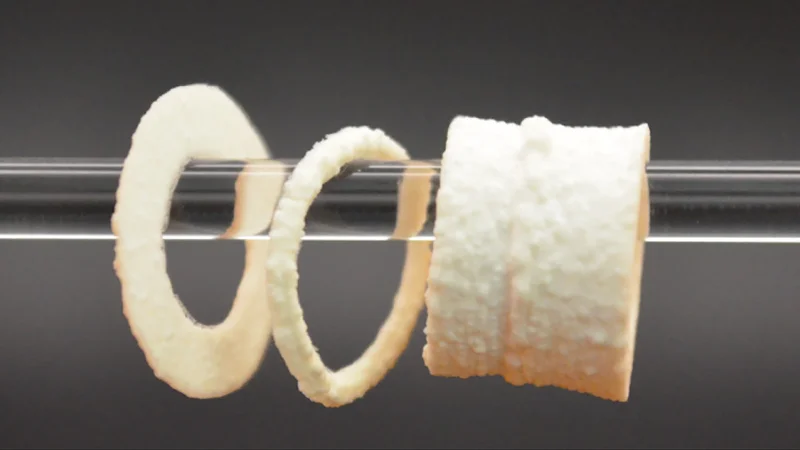 Cylindrical demonstrations of the 3D printed scaffolds. 2026 EPFL SMaL CC BY SA