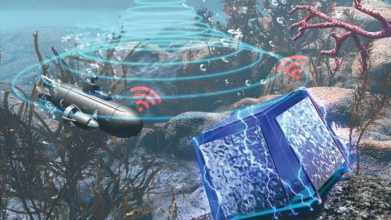 An artist's impression of the proposed AET system being used to drive both underwater sensor networks and autonomous underwater vehicles (AUVs), using nothing but ultrasound signals from a passing boat on the surface.