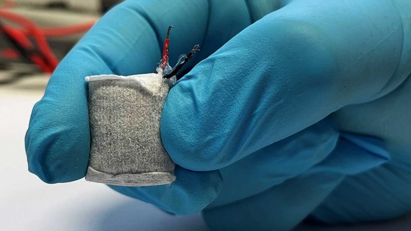 The prototype fuel cell is wrapped in a fleece and is slightly larger than a thumbnail. (Photograph: Fussenegger Lab / ETH Zurich)