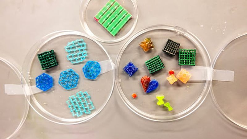 Close up of various colorful hydrogel samples arranged in multiple petri dishes on a lab bench, showing different shapes and textures, at the lab of Sungmin Nam and Jihun Lee at the GG Brown building.
