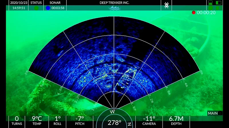 Sonar scan overlay with camera image in background.