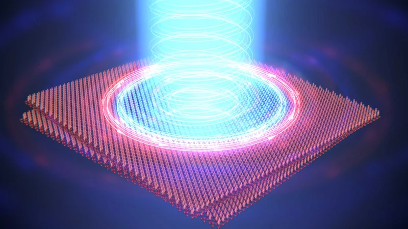 The researchers used a laser pulse (blue) to change the polarity of a ferromagnetic state in a special material consisting of twisted atomic layers (red).   (Visualisation: Enrique Sahagún, Scixel / ETH Zurich, University of Basel)