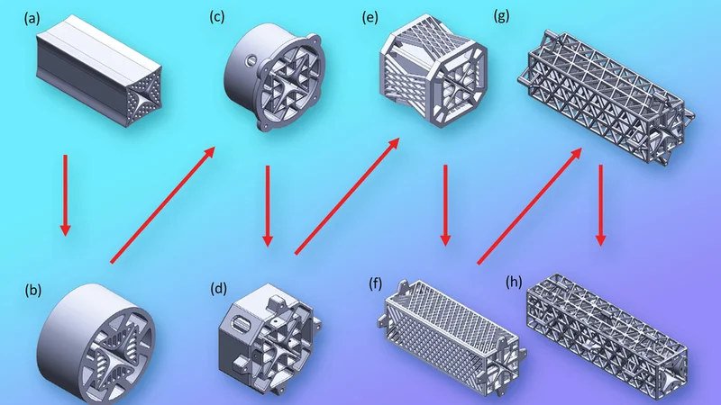 Because additive manufacturing allows the researchers to easily try new designs, they created a number of different quadrupole filters before arriving at the final iteration (h), which is surrounded by a series of triangular lattices to provide durability. Image: Courtesy of the researchers, edited by MIT News