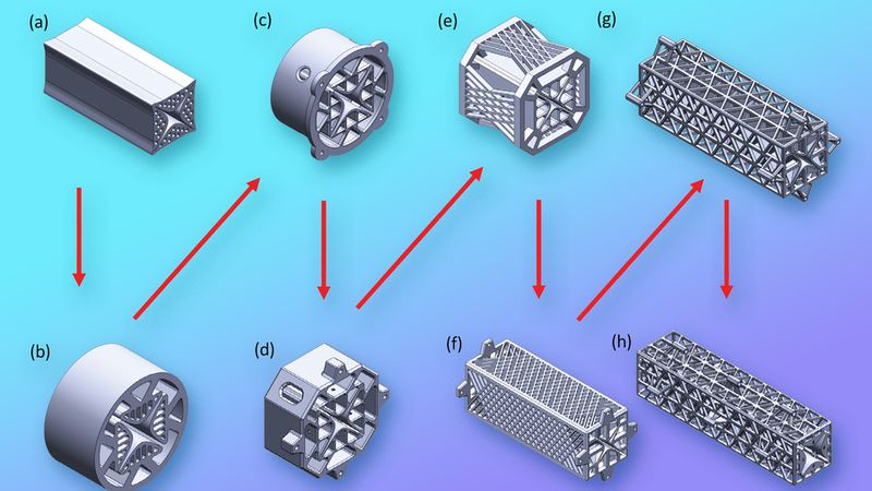 Because additive manufacturing allows the researchers to easily try new designs, they created a number of different quadrupole filters before arriving at the final iteration (h), which is surrounded by a series of triangular lattices to provide durability. Image: Courtesy of the researchers, edited by MIT News