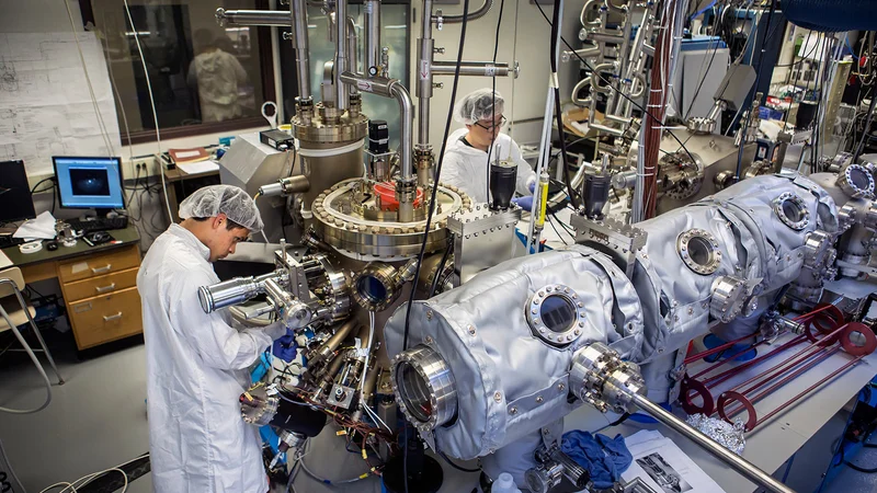 Jordan Occena, a U-M graduate researcher and Sunyeol Jeon, a former U-M graduate student researcher, calibrate the molecular-beam epitaxy apparatus in the Carl A. Gerstacker Building on August 3, 2015. The apparatus is used for spray painting the "magic" chemical cocktail onto blank gallium arsenide wafers. PHOTO: Joseph Xu, Michigan Engineering