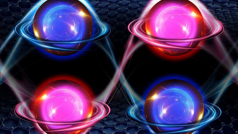 When stacked in five layers in a rhombohedral pattern, graphene takes on a rare “multiferroic” state, in which the material’s electrons (illustrated here as spheres) exhibit two preferred electronic states: an unconventional magnetism (represented as orbits around each electron), and “valley,” or a preference for one of two energy states (depicted in red versus blue). The results could help advance more powerful magnetic memory devices. Image: Sampson Wilcox, RLE