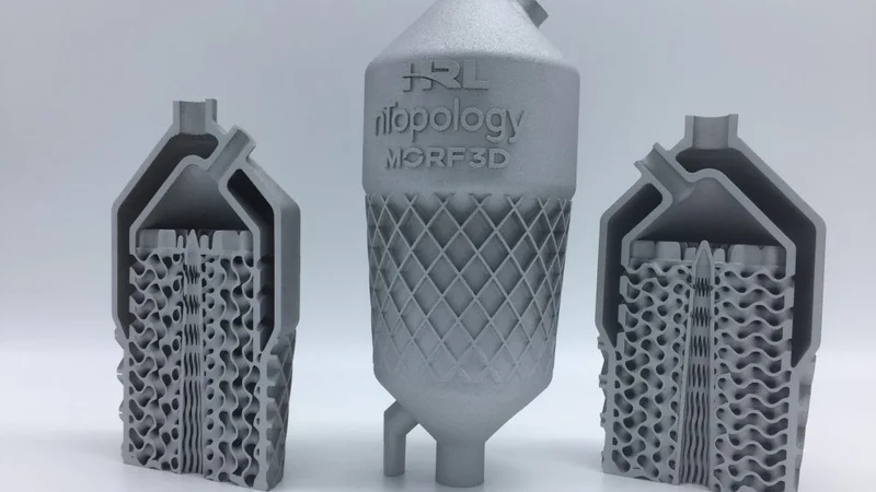 The final fuel-cooled oil cooler design 3D printed as a cutaway to show the intricate geometry inside. Photo via HRL Laboratories and Morf3D.