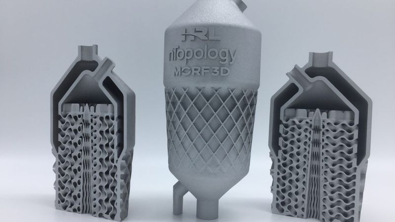 The final fuel-cooled oil cooler design 3D printed as a cutaway to show the intricate geometry inside. Photo via HRL Laboratories and Morf3D.