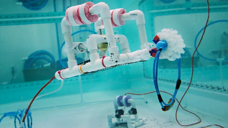 A SeaPerch with a gripper module drives around the 3,000-gallon tank in the teaching lab at MIT SeaGrant. Photo: Sharmi Shah/MechE