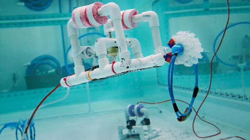 A SeaPerch with a gripper module drives around the 3,000-gallon tank in the teaching lab at MIT SeaGrant. Photo: Sharmi Shah/MechE