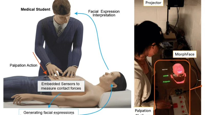 Student receives real-time facial expressions from the robotic platform [Left– virtual];  Experiment setup [Right– actual]
