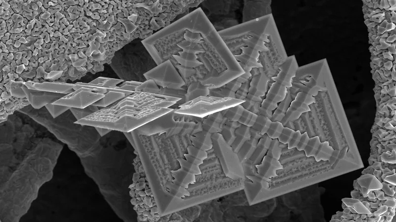 A scanning electron microscope image of tin crystals, stimulated by electricity and growing on a copper surface. A new method developed by Princeton researchers could speed up the process of designing and testing new crystalline materials. Image by Lynn Trahey, Argonne National Laboratory
