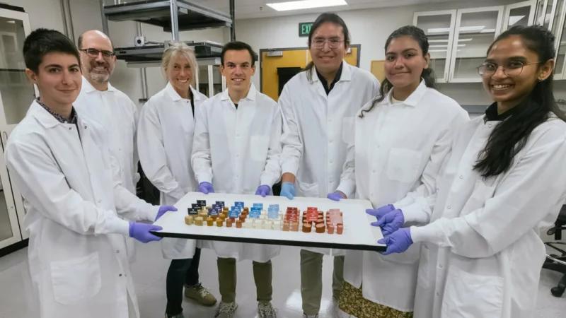 Is it possible to close the texture gap between plant-based meat and animal meat? Ellen Kuhl and her lab are trying. From left: Skyler St. Pierre, Marc Levenston, Ellen Kuhl, Reese Dunne, Ethan Darwin, Valerie Perez Medina, and Divya Adil pose with the meat and plant-based meat they analyzed. | Kurt Hickman