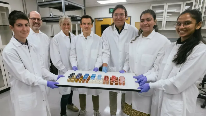 Is it possible to close the texture gap between plant-based meat and animal meat? Ellen Kuhl and her lab are trying. From left: Skyler St. Pierre, Marc Levenston, Ellen Kuhl, Reese Dunne, Ethan Darwin, Valerie Perez Medina, and Divya Adil pose with the meat and plant-based meat they analyzed. | Kurt Hickman