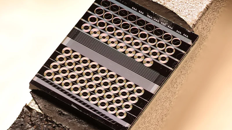 A gallium phosphide photonic chip featuring multiple spiral waveguides and other test structures. Credit: Nikolai Kuznetsov (EPFL)