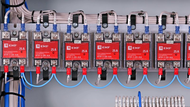 Array of Single-Phase Solid State Relays mounted on an Industrial Control Panel
